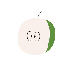 Fresh apple and leaves, natural organic snack, healthy vitamin food, whole ripe fruit with stem, natural ripe eating food, garden fruit flat vector illustration.
