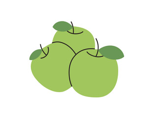 Fresh apple and leaves, natural organic snack, healthy vitamin food, whole ripe fruit with stem, natural ripe eating food, garden fruit flat vector illustration.
