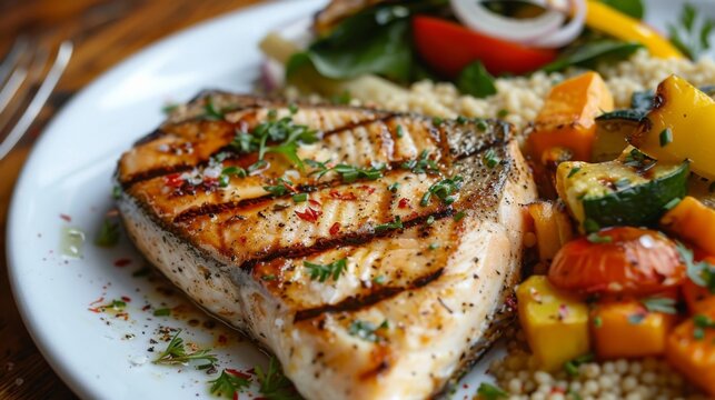 A plate of grilled swordfish steak with a side of couscous salad and roasted vegetables