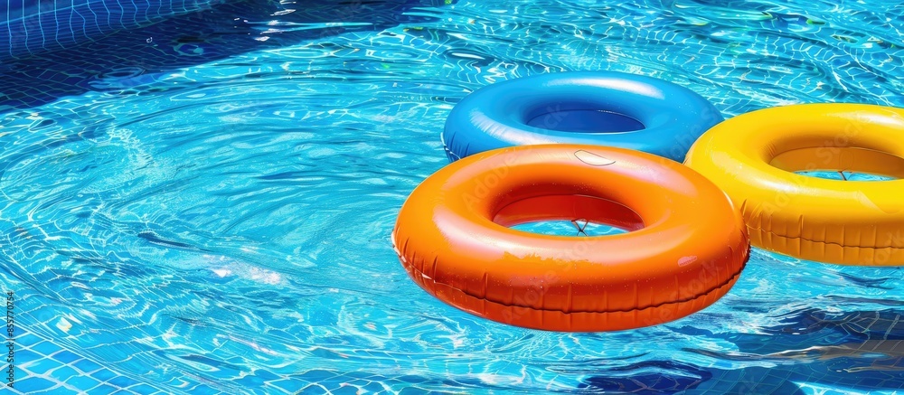 Poster inflatable wheel for learning to swim in the garden pool. Copy space image. Place for adding text or design