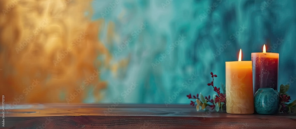 Poster Burning candles on table near color wall. with copy space image. Place for adding text or design