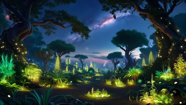 Fantasy mystical forest at night, bathed in blue moonlight with bioluminescent plants casting a surreal glow. Tall trees with bright green and yellow plants. Aurora Borealis in the starry sky
