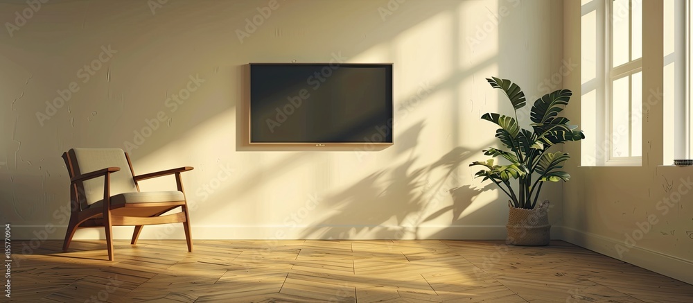 Poster plasma tv on the wall of the room with wooden floor and empty chair. with copy space image. place fo
