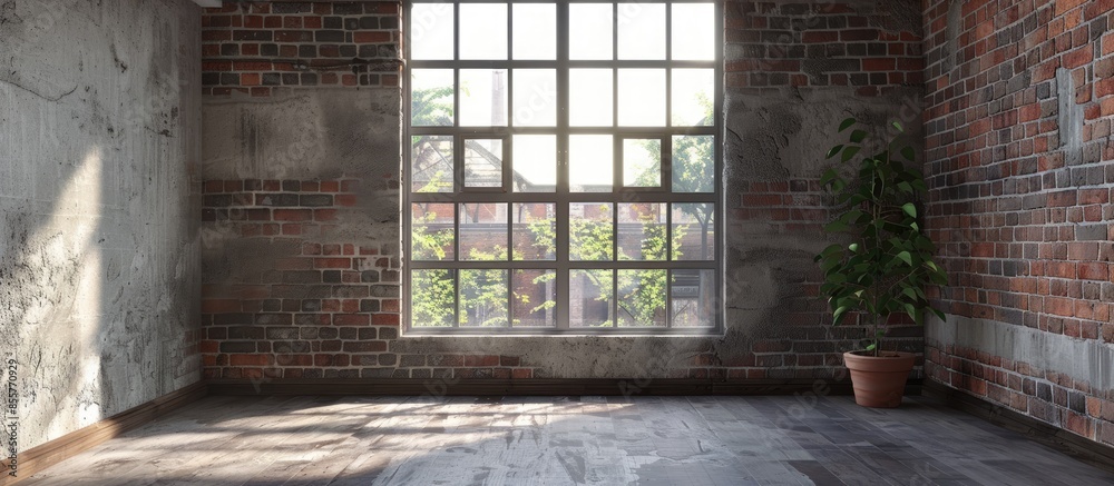 Poster empty interior with a window, rendering. with copy space image. Place for adding text or design