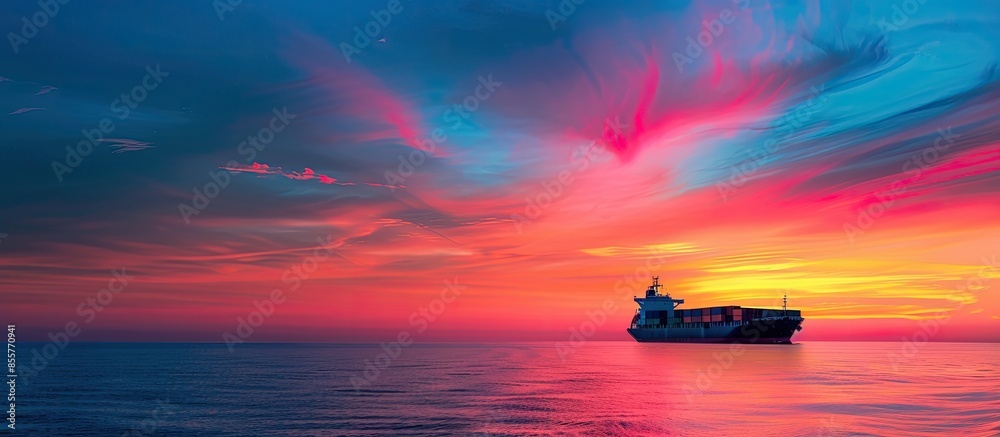 Poster logistics and transportation of international container cargo ship in the ocean at twilight sky, fre