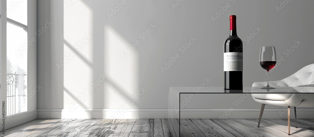Poster Three dimensional interior room with wine bottle on glass table. with copy space image. Place for adding text or design