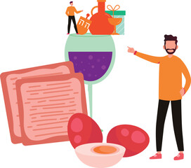 A boy is pointing at breakfast products.