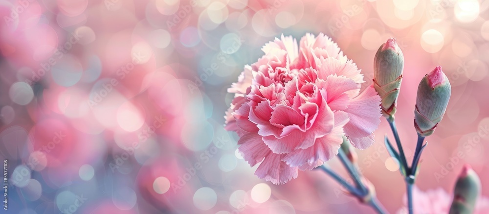 Poster a pink carnation flower in a summer garden was captured on camera at close range pastel background. with copy space image. Place for adding text or design