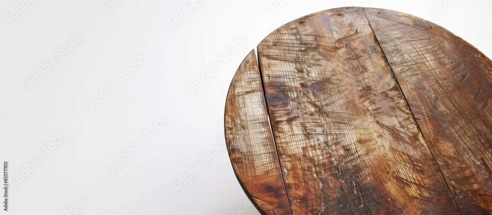 Poster Round wooden table with four feet in white background. with copy space image. Place for adding text or design