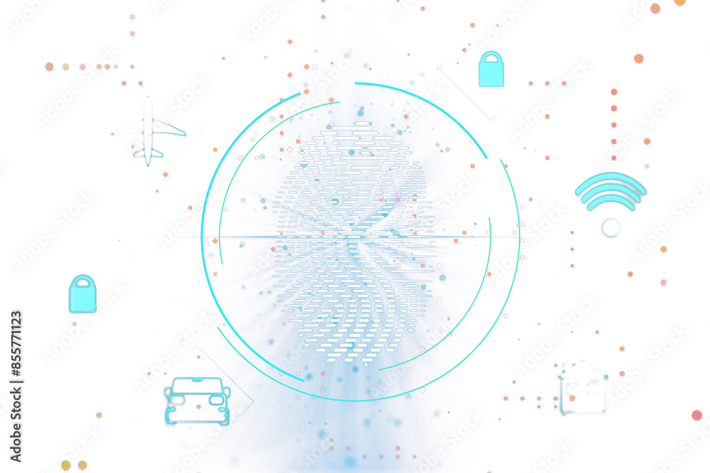 Poster Abstract digital fingerprint scan concept with icons on a light layout background, in a clean and modern design style