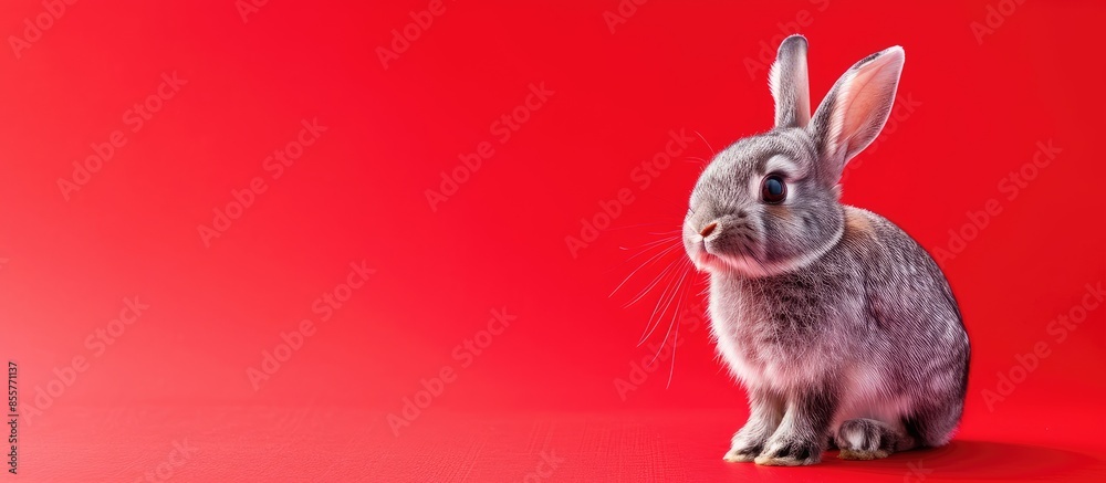 Poster animal portrait: bicolor bunny on a red background. selective focus. with copy space image. place fo