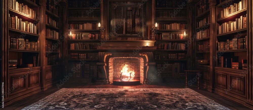 Aufkleber Library with fireplace. with copy space image. Place for adding text or design
