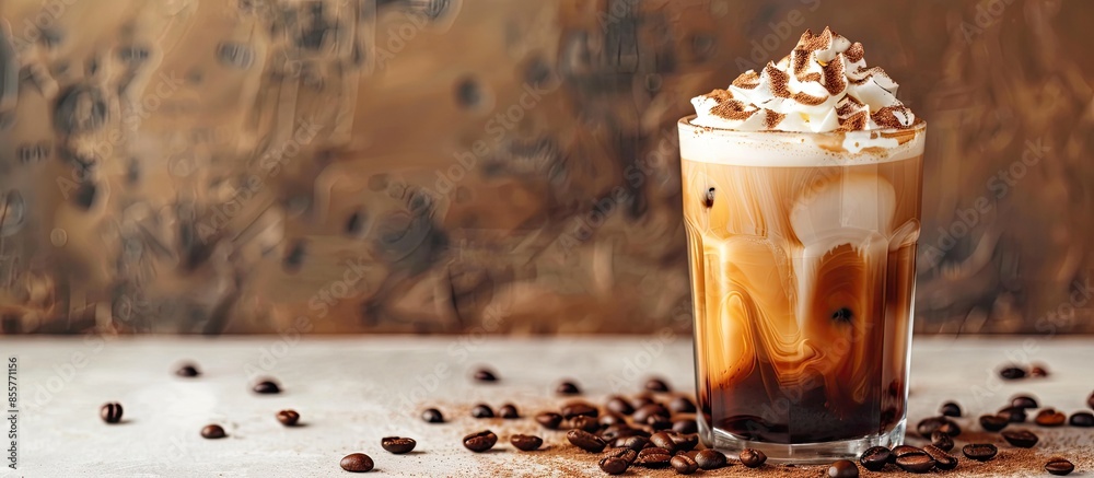 Poster cold espresso coffee with cold milk foam with coffee with brown background and sprinkled coffee beans on white table. with copy space image. Place for adding text or design