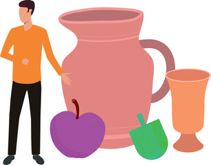 A boy is showing the pots.