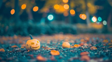 Halloween Pumpkins with Carved Faces in a Night Park with Blurred Lights and Bokeh

