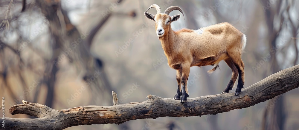 Poster Goat is standing on big branch in the zoo pastel background. with copy space image. Place for adding text or design