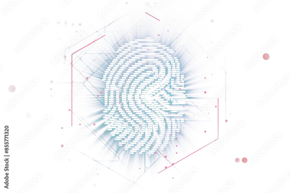 Poster a digital fingerprint composed of white blocks on a light abstract background, depicting the concept