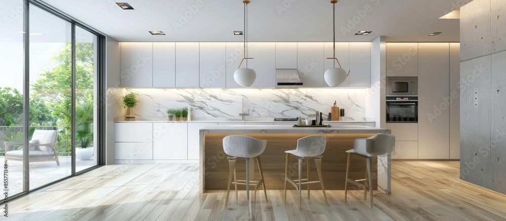 Poster cozy well designed modern kitchen interior design. with copy space image. place for adding text or d