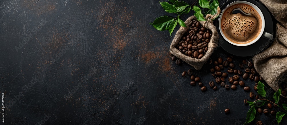 Leinwandbilder cup of coffee and coffee beans in a sack on dark background, top view. copy space image. place for a