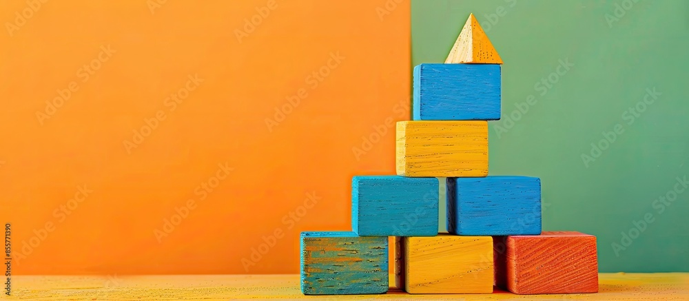 Poster colorful wooden toy blocks and orange pyramid pastel background. colourful. with copy space image. p