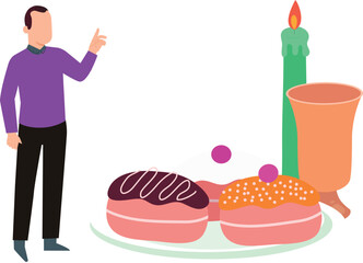 A boy is telling about different kinds of sweet.