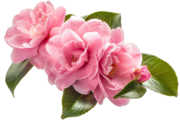 Pink Camellia Flower with Green Leaves isolated on transparent background png