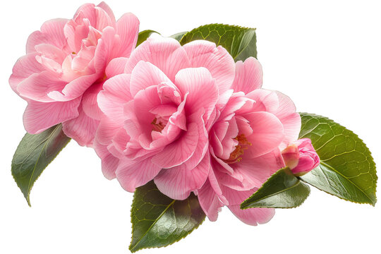 Pink Camellia Flower with Green Leaves isolated on transparent background png