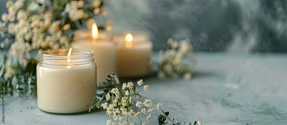 Poster handmade soy candles of unique design. hygge scandinavian style concept withcandles. relaxation atmo