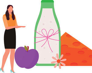 A girl is showing packed fruits.