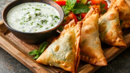 A plate of vegetable samosas with tamarind chutney and mint yogurt dip on a wooden serving tray