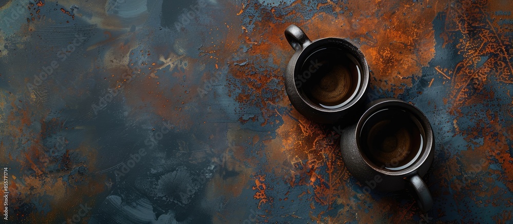 Aufkleber top view teapot two cups. with copy space image. Place for adding text or design