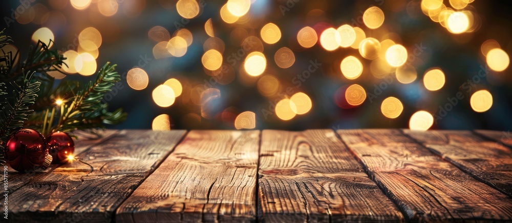 Poster rustic wood table in front of christmas light night. with copy space image. Place for adding text or design