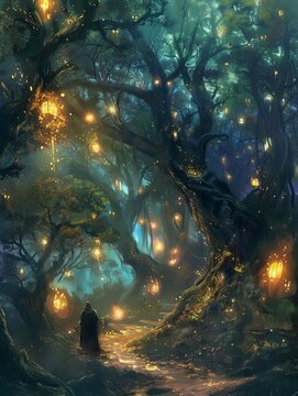 1 Enchanted forest with glowing trees wizard casting spells worm's-eye view twilight