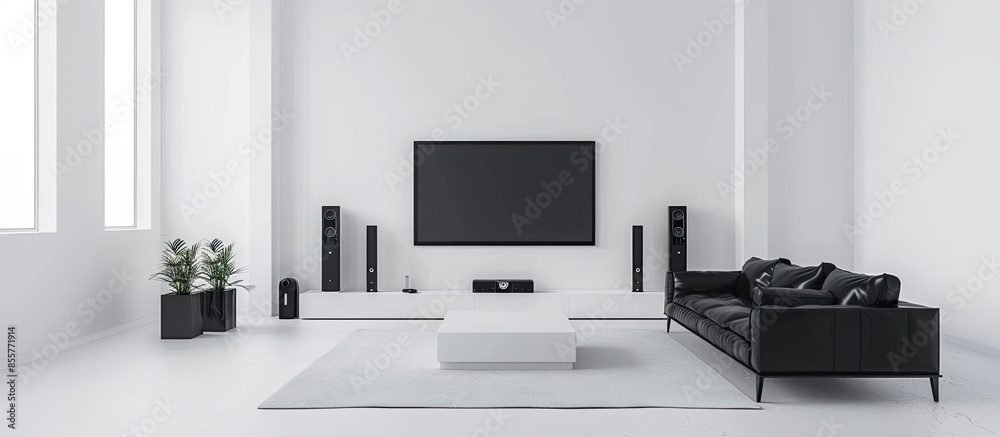 Aufkleber empty living room interior with black leather sofa and tv in white installation. with copy space ima