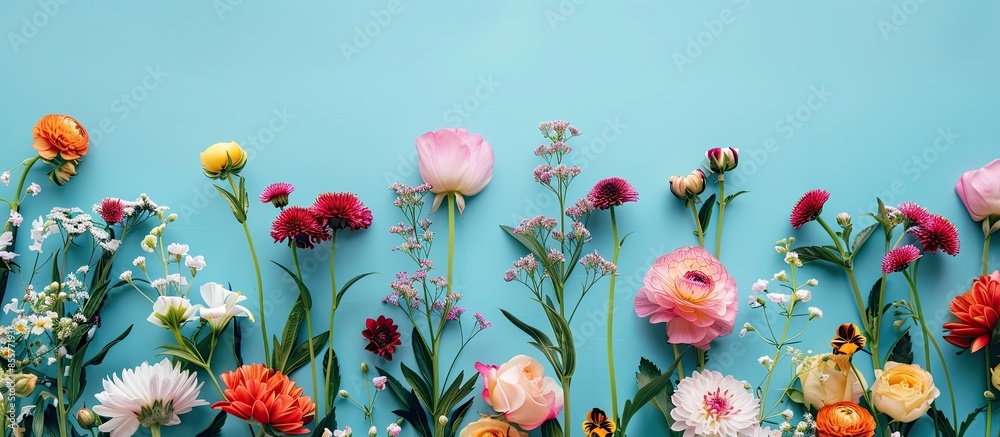 Poster Colorful abstract flower arrangements on a turquoise background. with copy space image. Place for adding text or design