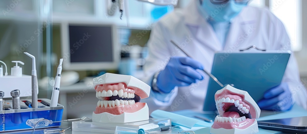 Aufkleber concentrated dentist sitting at table with jaw samples tooth model and working with tablet and lapto