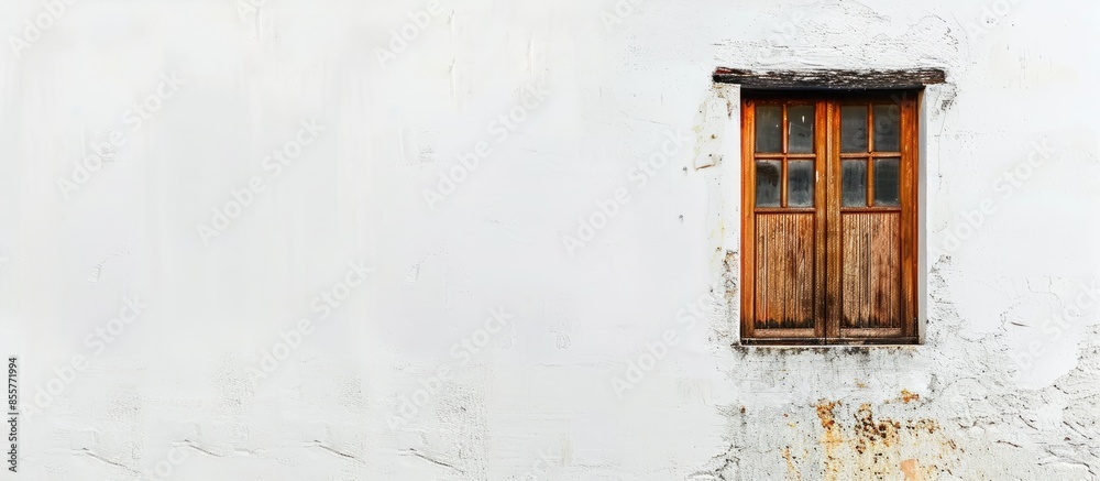 Aufkleber A white wall and a brown window. with copy space image. Place for adding text or design