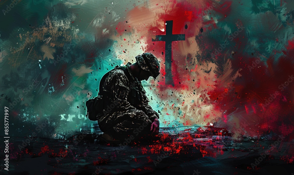 Wall mural Christian soldier praying with cross in the background. Digital painting