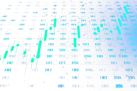 An abstract financial chart with candlestick patterns on a blurred numerical data background, representing the concept of stock market analysis