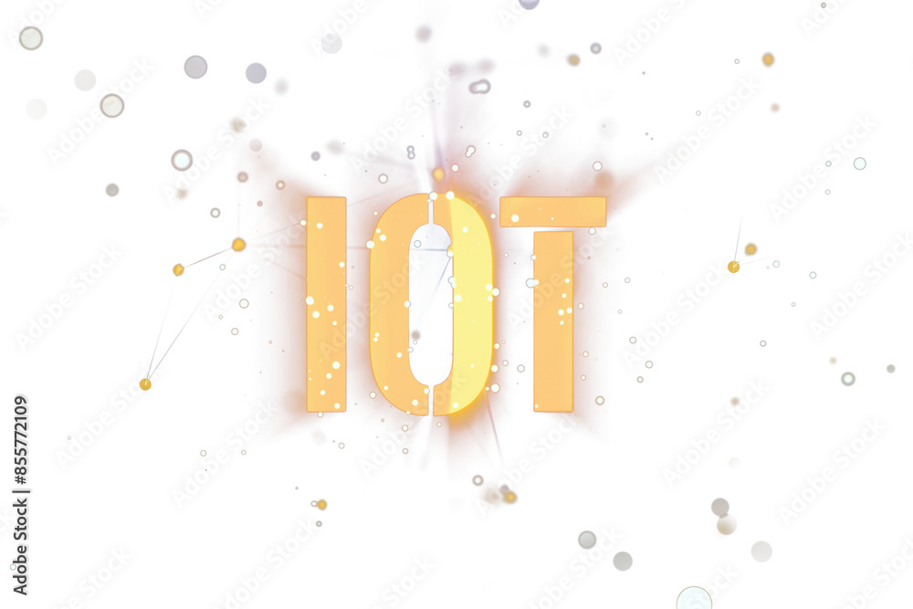 Poster Abstract image showing the abbreviation IOT in yellow with connecting dots, on a white background, illustrating the concept of the Internet of Things