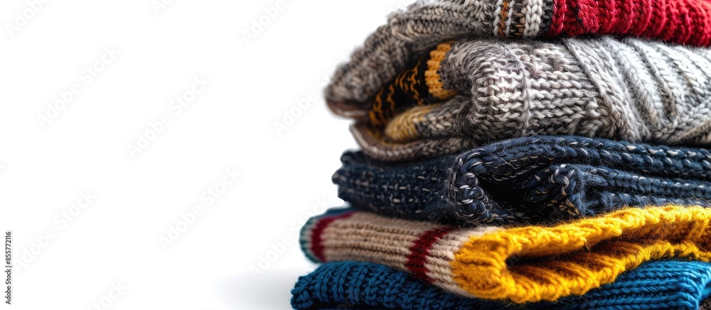 Poster Stack of various sweaters isolated on white background. Copy space image. Place for adding text or design