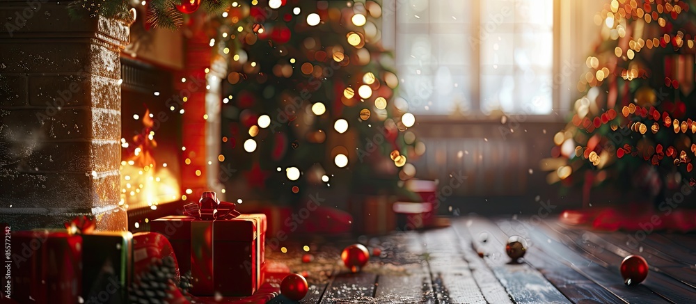 Aufkleber Christmas scene with tree gifts and fire in background. with copy space image. Place for adding text or design