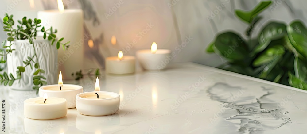 Poster Burning candles on white countertop in room. with copy space image. Place for adding text or design
