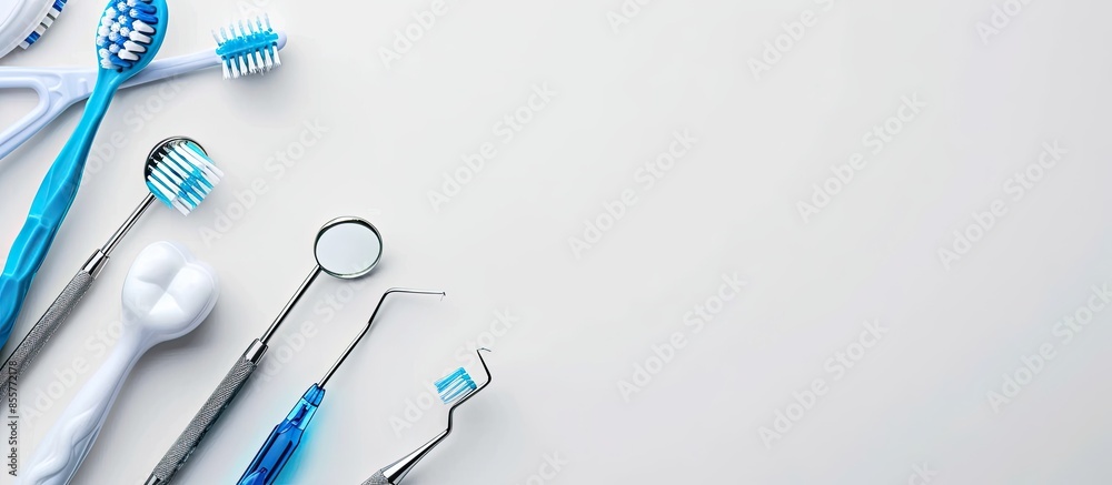 Poster dental care toothbrush with dentist tools on white background. copy space image. place for adding te