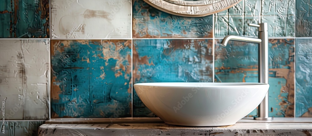 Poster wall decoration with ceramic tiles in the bathroom with a washbasin. with copy space image. place fo