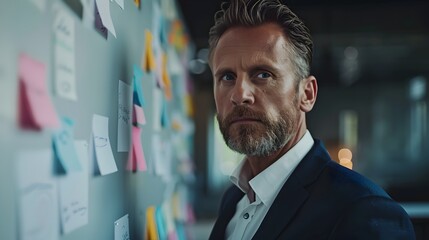 Serious Businessman Strategizing in Corporate Office with Digital Wall Board