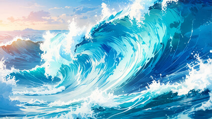 abstract soft blue and white abstract water color ocean wave texture background .Fluid blue ocean wave layer Tsunami wave background in flat cartoon style. Big blue tropical water splash.  © Ghost Rider