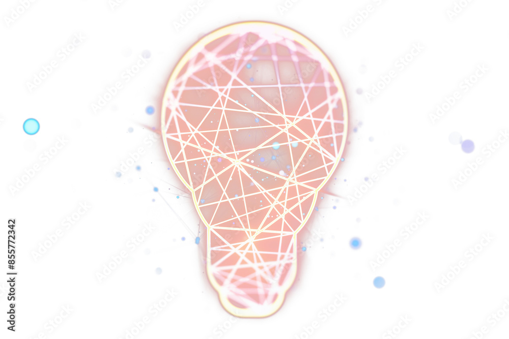 Poster An artistic representation of a glowing lightbulb with a geometric pattern overlay on a white background, symbolizing creative ideas