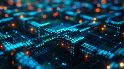 A computer chip with a blue and orange grid