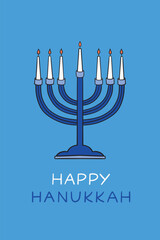 Happy Hanukkah greeting card with lit candles and lettering Happy Hanukkah.